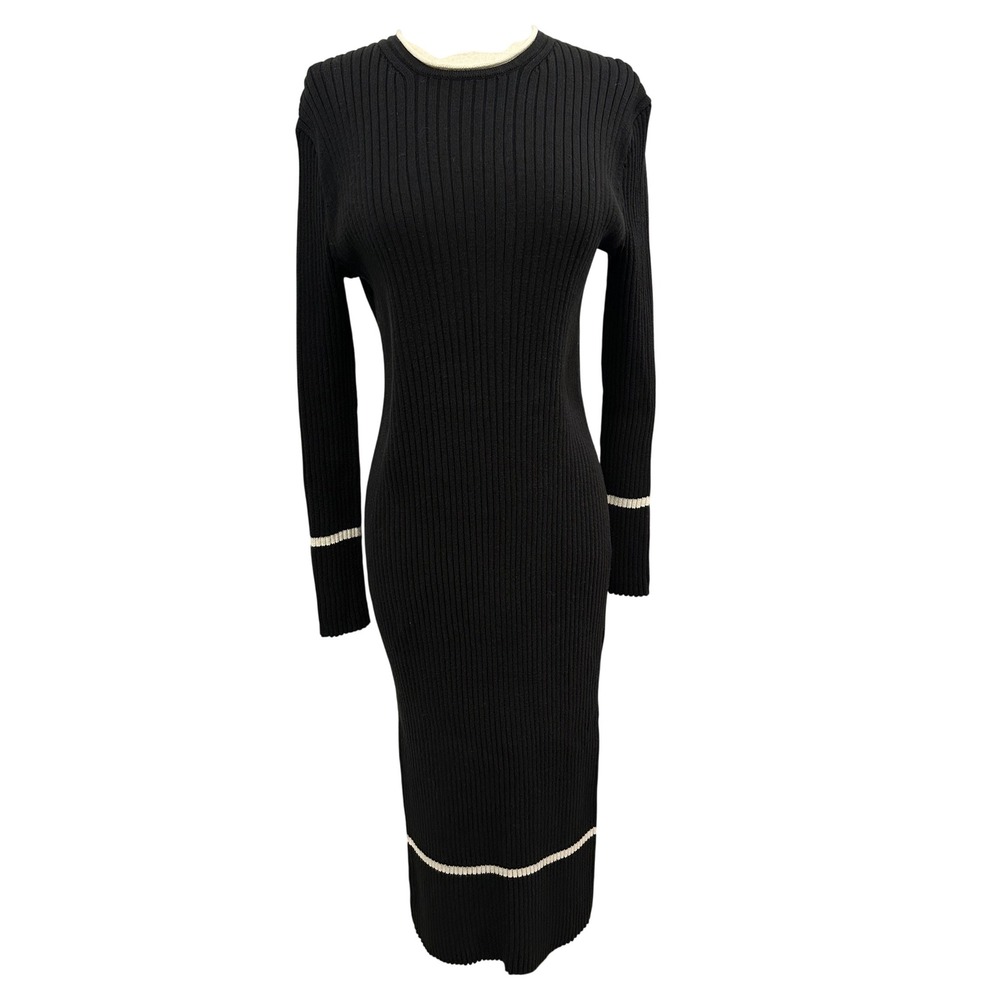 Everlane Organic Cotton Ribbed Midi Sweater Dress Black White Tipping Small